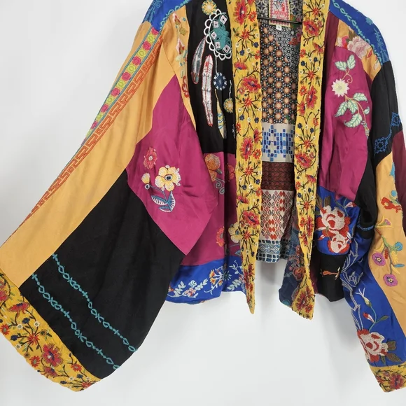 Johnny Was Floral Embroidered Silk Open Front Kimono Cardigan - Picture 4 of 16